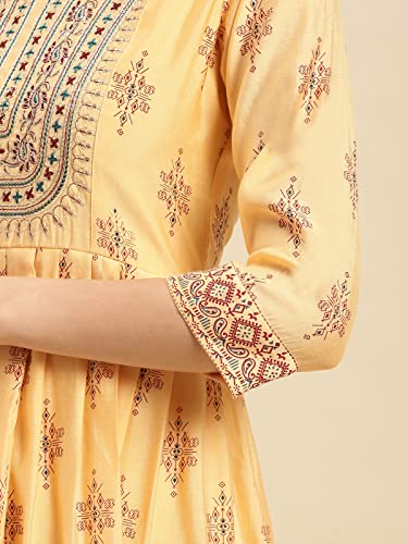 Image of rangita Yellow Viscose Blend Calf Length Embroidered Flared Kurti for Women | Kurta for Women