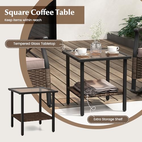 Image of Tangkula 3 Pieces Outdoor Rocking Chairs Set, Rattan Heavy Duty Cushioned Rocker Chairs with 2-Tier Tempered Glass Coffee Table, for Garden, Balcony, Backyard | Heavy Duty Cushioned Rattan Patio Rocker Bistro Set, 2-Tier Side Table w / Acacia Wood Tabletop, for Porch