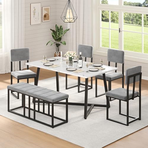 HUGROVE 6-Piece Dining Table Set, 51.18'' Faux Marble Rectangular Table with 4 Velvet Upholstered Dining Chairs and Bench, Modern Kitchen & Dining Room Furniture for Family Gathering (Dark Gray)