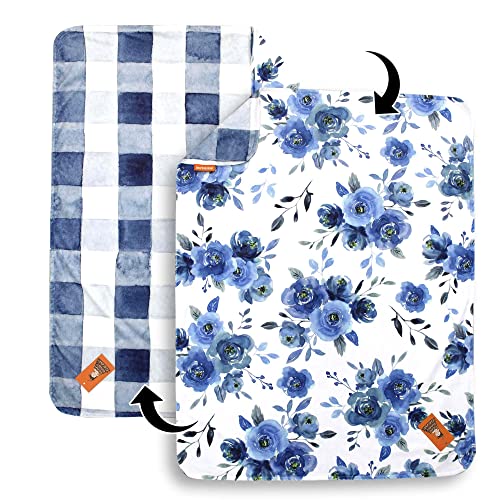 Image of Dear Baby Gear Floral Deluxe Baby Blanket - Reversible, Milestone & Newborn Gifts for Girls and Boys - Blue Watercolor Roses, Blue Watercolor Plaid, 40 x 30 Inches