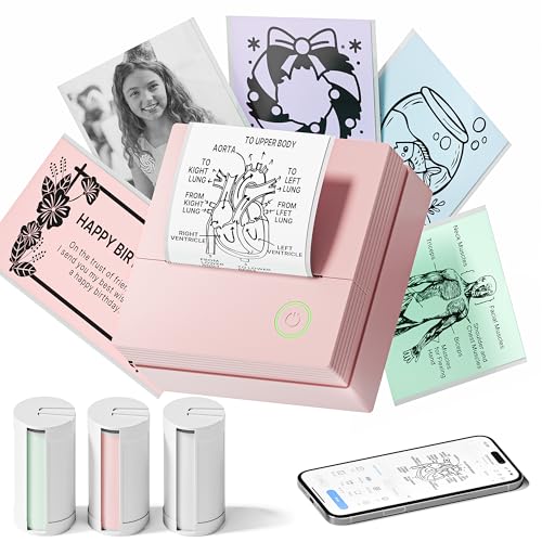 TYPONOS Sticker Printer, PM290 Mini Printer, Bluetooth Sticker Maker Machine with 3 Rolls Paper, Smart AI APP, Portable Print Pod for Study Notes, List, Picture, DIY Gifts for School Office Home, Pink