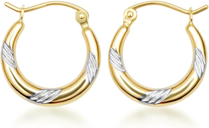 Gold Sparkle Cut Striped Reversible Hoop Earrings for Women | 10K or 14K Two-Tone White and Yellow Gold