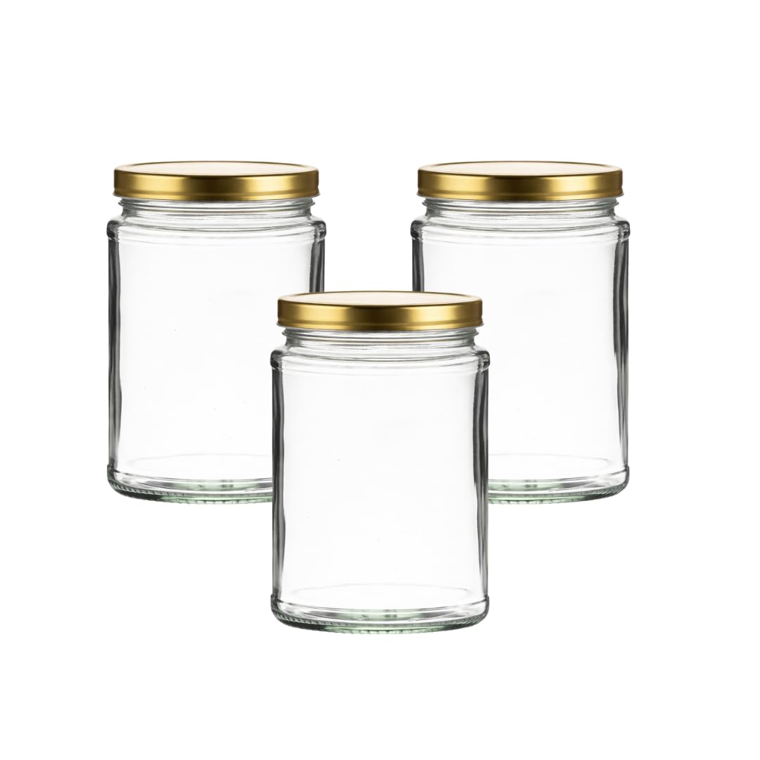 24 x 500ml Glass Jam Jars with Gold Lids – Round Glass Jars for Jams, Chutneys, Pickles, Sauces & Preserves – 82mm Twist-Off Lid