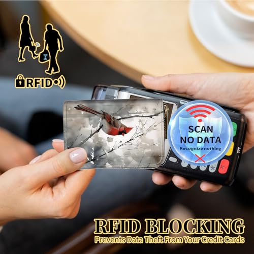 Credit Card Holder with Zipper, Slim RFID Blocking Card Wallet for Women Men Art Red Cardinal Birds Design PU Leather Small Accordion Card Case Wallet, ID Card Organizer, Pocket Business Card Case4