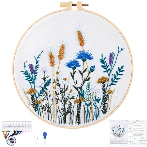 Image of Crafmanoe Flower Embroidery Kits for Beginners Adults, Hand DIY Embroidery Starter Kits, Floral Stamped Cross Stitch Kits for Beginners Adults Craft Kits for Women, Embroidery Hoops, Fabric and Thread