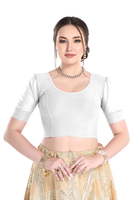 Image of FINESTFIT Stay On Trend Fashion 100% Cotton Readymade Blouses for Women,Round Neckline with Organza Balloon Sleeves.