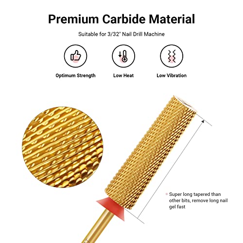 Melodysusie Super Long Tapered Nail Drill Bits, 3/32'' Carbide Tungsten Bits, Suitable For Manicure Pedicure Cuticle Gel Polishing, Professional Advanced Bits, Gold, Series Bit-X, Fine #TOP1