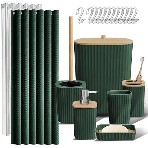 Clara Clark Bathroom Set, Shower Curtain Set, Bathroom Accessory Set | 20 Piece Hunter Green Bathroom Accessories Set with Toothbrush Holder, Soap Dispenser, Soap Dish, Toilet Brush, and Trash Can