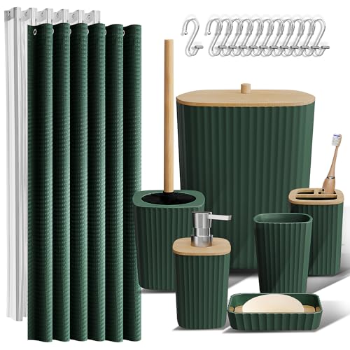 Clara Clark Badezimmer-Zubehör-Set – grünes Badezimmer-Set, 20-teiliges Badezimmer-Zubehör-Set, Duschvorhang-Set, WC-Bürste, Mülleimer und Seifenspender