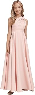 PHILIZLE One - Shoulder Satin Floor - Length Formal Dress for Teen Girls, Elegant Pleated Junior Bridesmaid Gown