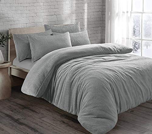 Parure de lit en Polaire Douce et Confortable avec Housse de Couette et taies d'oreiller Motif Ours en Peluche Argenté 200 x 200 cm