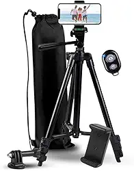 Tripé Profissional de Alumínio Para Celular e Câmera com Controle de Disparador Bluetooth - Altura Ajustável de 36cm a 110cm Com Bolsa e Suporte Para Celular, Com Termo de Garantia, Kit Completo