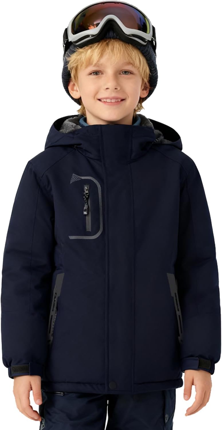 Boy's Waterproof Ski Jacket, Warm Fleece Lined Winter Snow Windproof Jackets, Hooded Ski Coat