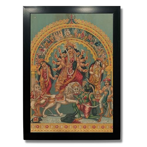 Image of Kagaz Kala Wood - Vintage Art Prints - Hindu God Photos With Frames For Pooja Room Bedroom Living Room Decor Gifts Framed (Shri Durga), 12.2 Inch