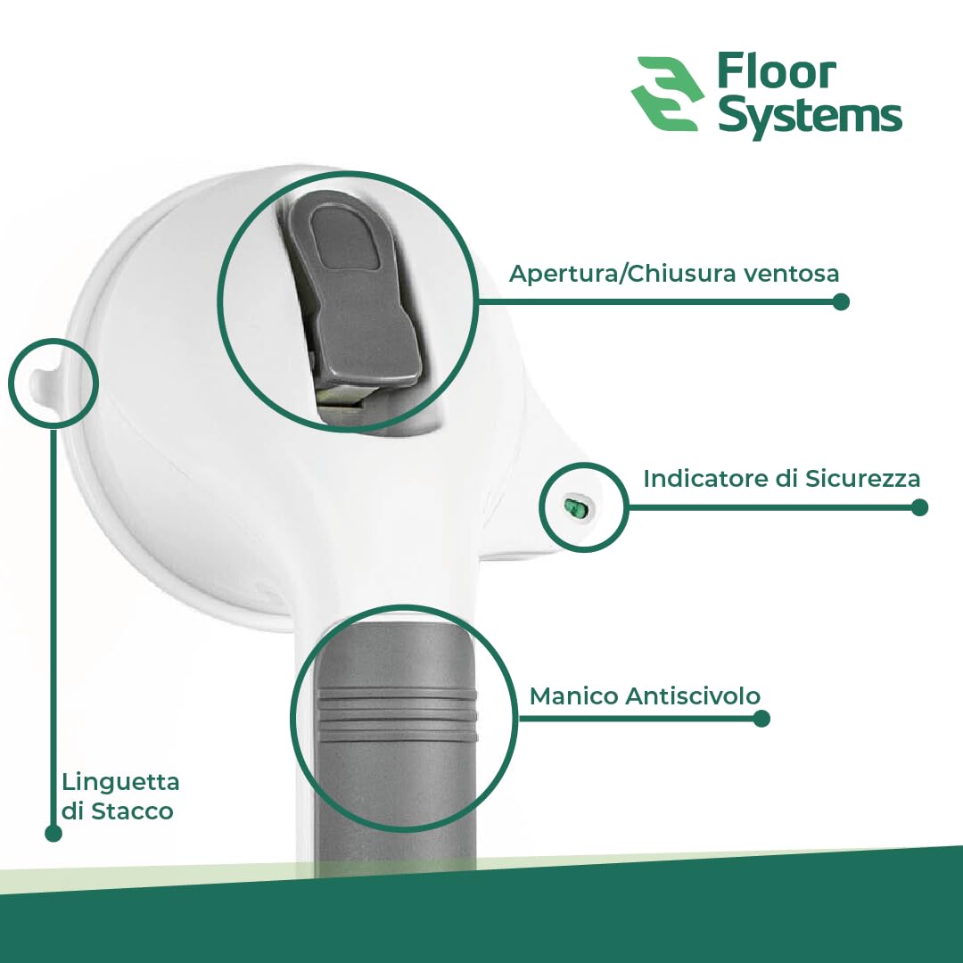 FLOOR SYSTEMS Maniglia Doccia Anziani con Indicatori di Sicurezza Ultra Resistente - Solo su Superfici Lisce - Maniglia Ventosa per Bagno - Ventose per Vetro e Piastrelle - 2 maniglie con omaggio