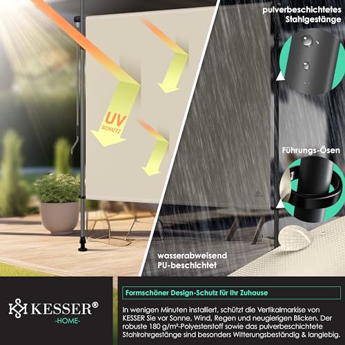 KESSER® Klemmmarkise Senkrechtmarkise 100x310cm Ausziehbar & Blickdicht Vertikalmarkise mit Handkurbel ohne Bohren Balkon-Sichtschutz & Windschutz für Garten & Terrasse Wasserfest Beige
