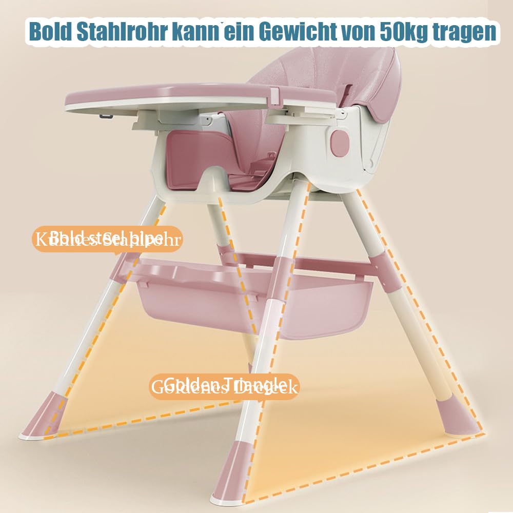 Supfine Seggiolone 3 in 1, regolabile con cintura di sicurezza a 5 punti, tavola da pranzo rimovibile, altezza regolabile 87 cm, pieghevole, per neonati e bambini (rosa, 3 in 1)