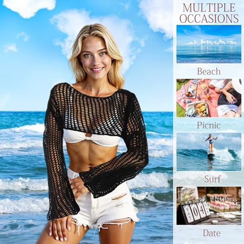 Mesh Crochet Shrug, Y2k Hollow Out Crochet Tops for Women, See Through Long Sleeve Bolero Shrug Sweater Bikini Cover Ups(L)4