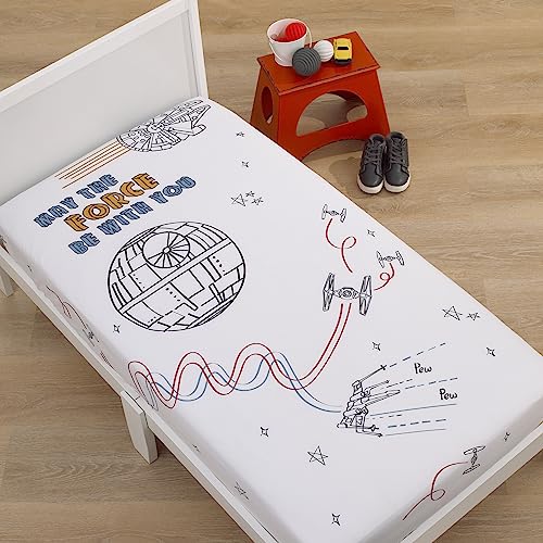 Image of NoJo Star Wars May The Force Be with You White, Blue, and Gold Millennium Falcon and Death Star Photo Op Nursery Fitted Crib Sheet