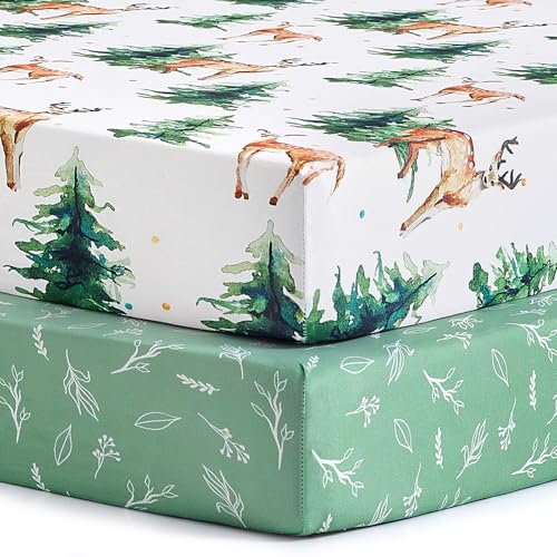 Image of Pack n Play Sheets, BROLEX 2 Pack Mini Crib Sheets,Stretchy Portable Fitted Playard Sheet Set, Convertible Playard Mattress Cover,Ultra Soft Breathable Material,Sika Deer & Foliage
