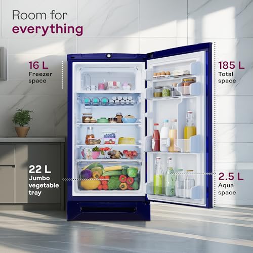 Image of Godrej 185L 5 Star Direct Cool Single Door Refrigerator Advanced Inverter Technology, 24 Days Farm Freshness, 22L Jumbo Vegetable Tray, Base Drawer & 5 Years Warranty (RD 195EN TDI MN BL, Marine Blue)