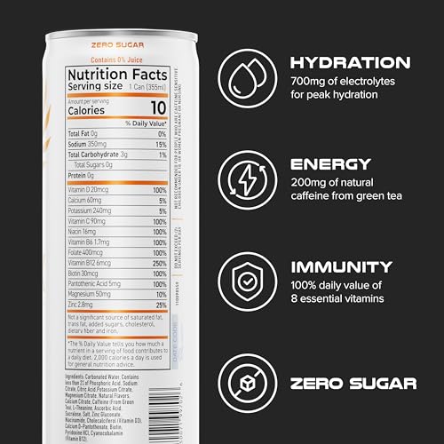 Image of PHX Hydration Energy Drink - 700mg Electrolytes, 200mg Natural Green Tea Caffeine, 100% Daily Value 8 Essential Vitamins - 12 oz Cans (12 Pack, Orange)