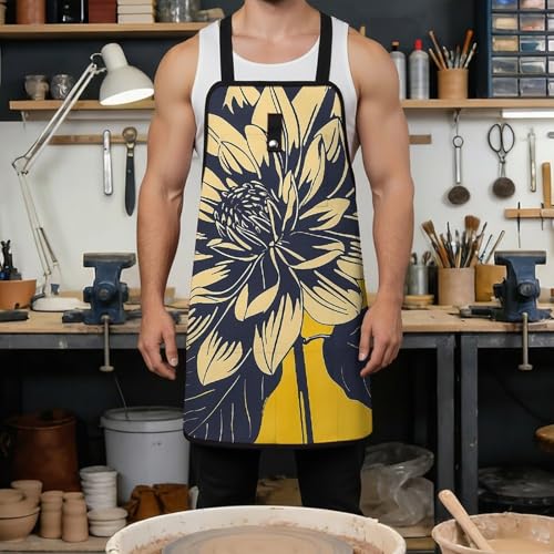 Delantal de trabajo con diseño flores amarillo, 8 bolsillos miniatura 4
