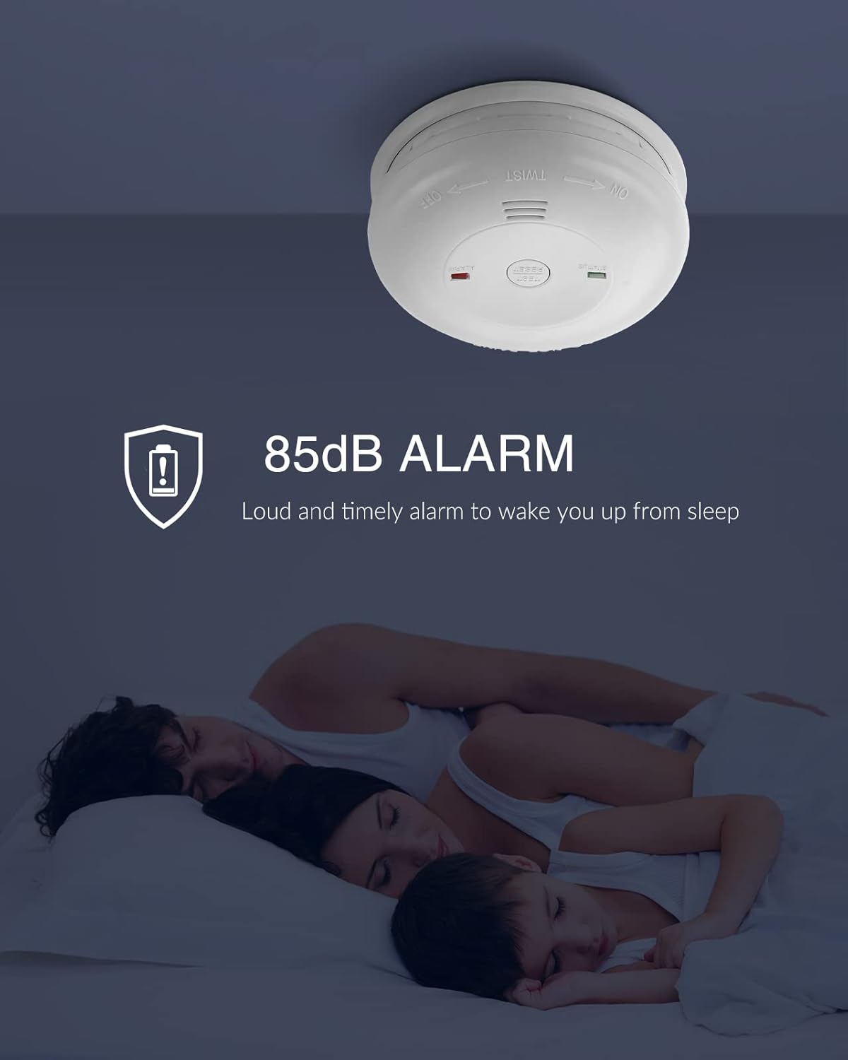 SITERWELL CO detector mounted on a ceiling above a sleeping family