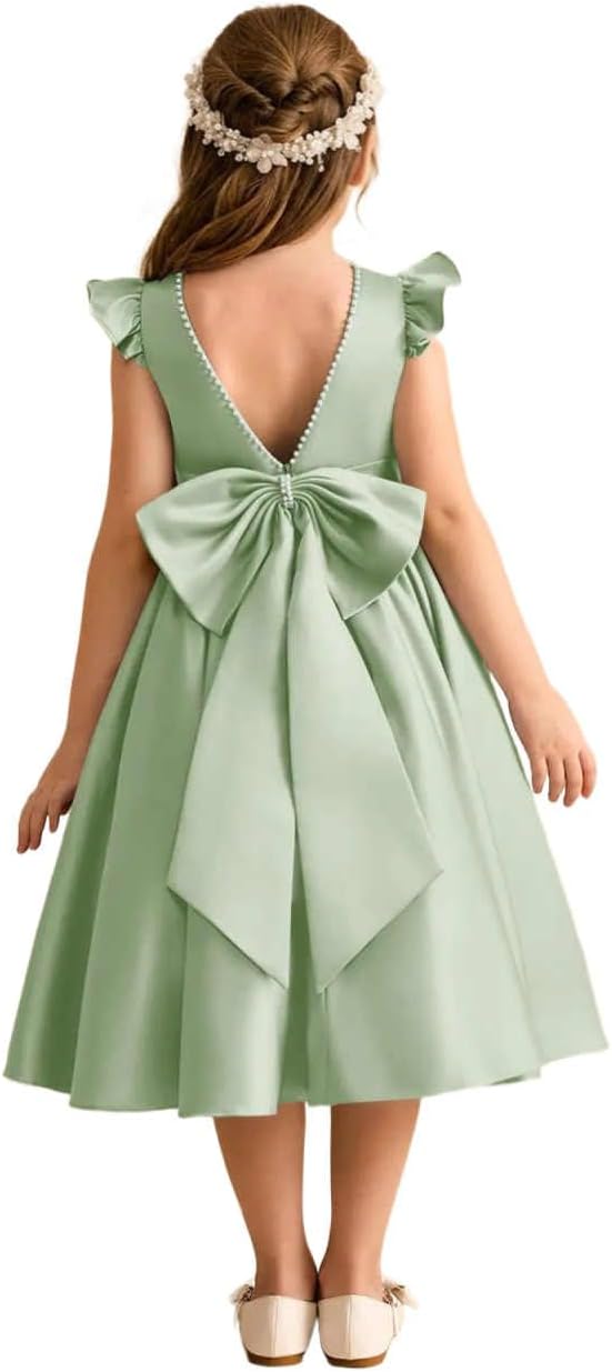 Bow Beaded Flower Girl Dresses Wedding Satin Junior Bridesmaid Dress Short Princess Pageant Gown Kids