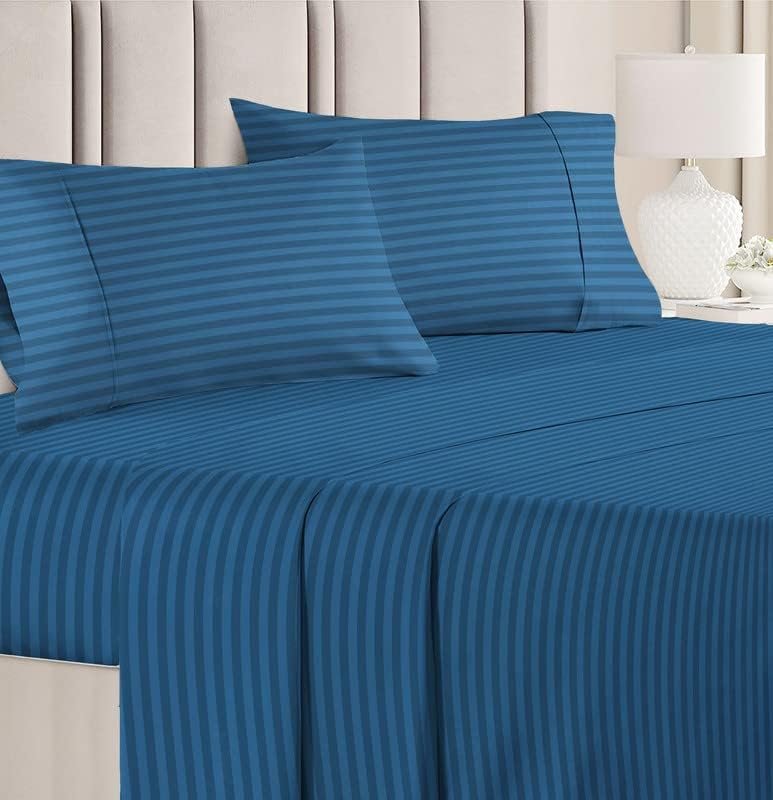 Image of Sofrito Bed Sheet Glace Cotton Striped - 300 TC - Double (90 inchx100 inch) - with 2 Pillow Cover | Ideal for Hospitals, Clinics, Hostels, PGs, Hotels & Guest Houses | Bahama Blue