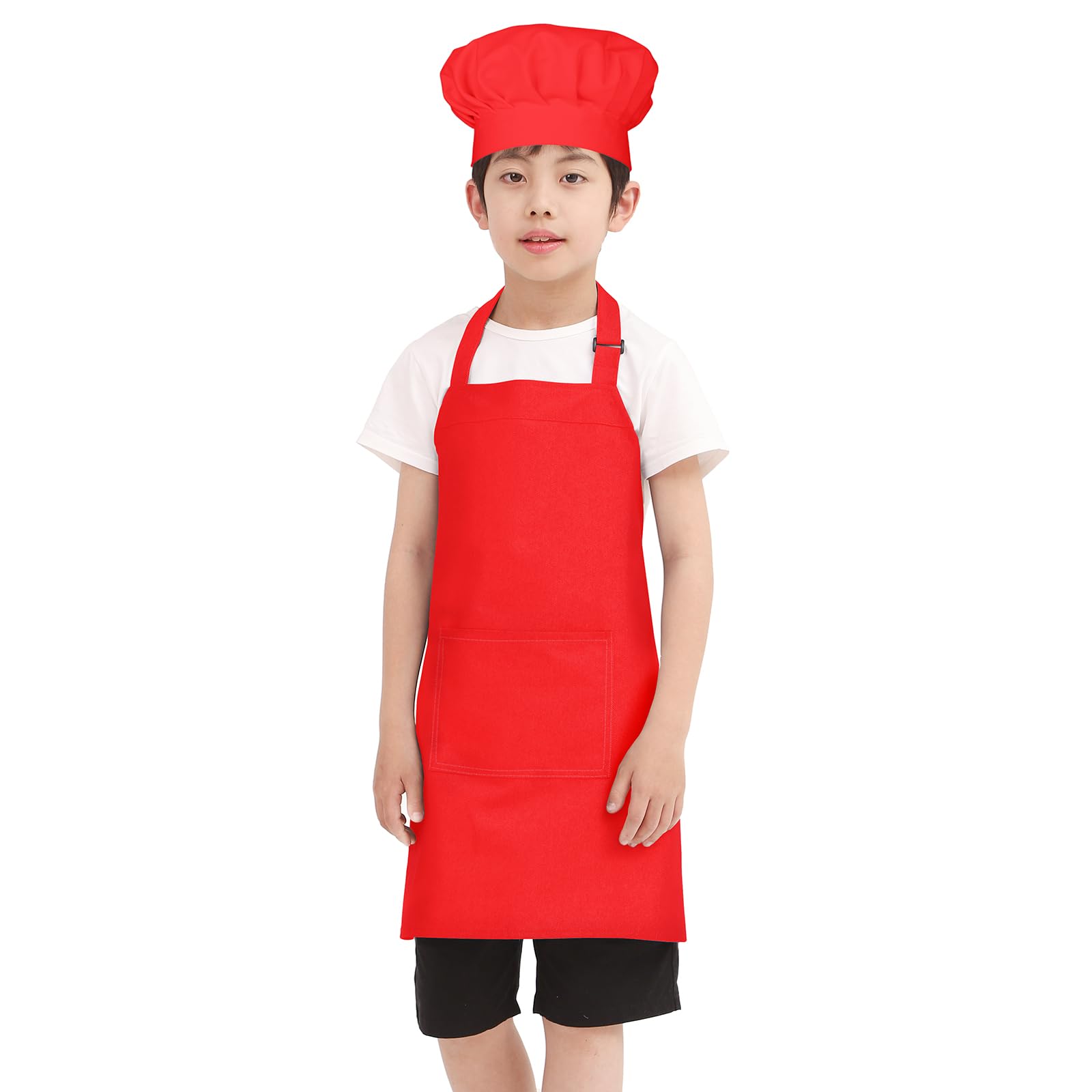 BIGHAS Juego de delantal y gorro de chef para niños y niñas, correa ajustable para el cuello, diseño de cierre de en la cintura para hornear