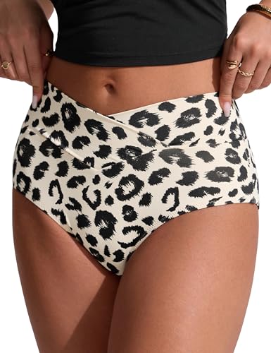 Image of CRZ YOGA V-Shaped High Waited Bikini Bottoms | Mid Cut Leg, Medium Bum Coverage, Cross Front, Swim, Bathing Suit Briefs for Women