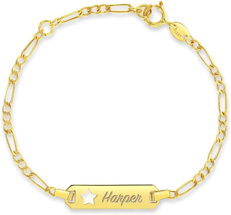 In Season Jewelry 14k Yellow Gold Star 4.5"-5" Children's Star Cut Out Engravable Identification Bracelet - Little Girls and Boys Personalized Tag ID Bracelets - Cut Out Custom Bracelet For Kids