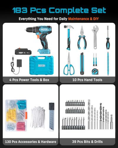 Seesii 20V Power Drill Set with Toolbox