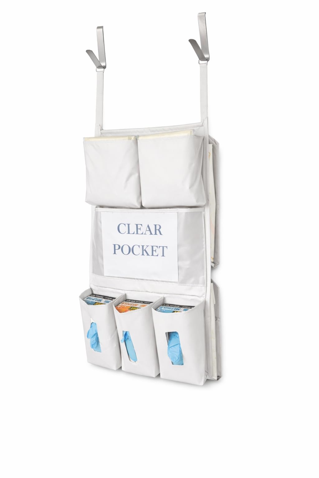 It's Sew EZ PPE Isolation Door Caddy - 8 Pockets - Yellow NFPA-701 Fire Resistant Nylon Oxford with Two Stainless Steel Hooks included (White)
