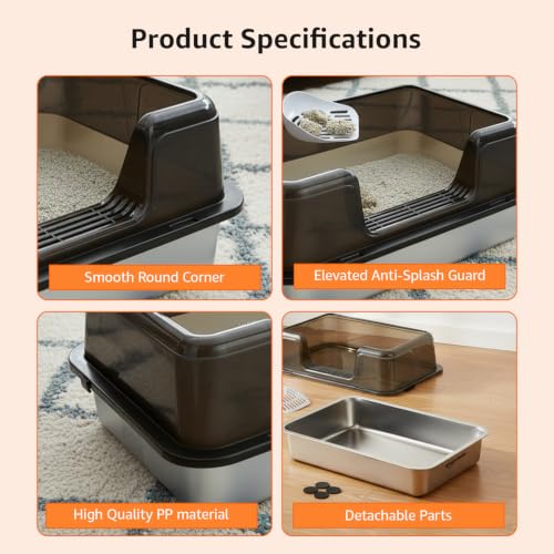 Image of Amazon Basics Stainless Steel Cat Litter Box with Elevated Anti-Splash PP Guard | Black | Open-Top Easy-Clean Litter Tray for Cats | 50.1L x 35.4W x 24.8H cm