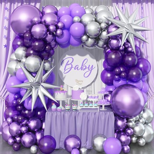 Image of Dark Purple Balloon Arch Kit with 2pcs Spike Balloons, 110pcs Pastel Purple and Metallic Purple Silver Garland for Girls Women Wedding Anniversary Birthday Baby Shower Party Decorations Supplies
