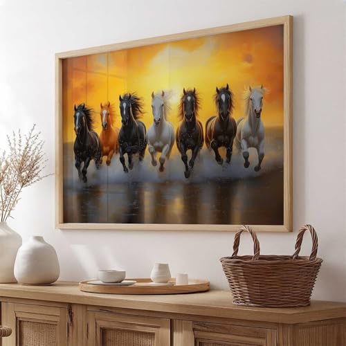 Image of HOTHOUSE Seven Running Vastu Lucky Horse | 7 Horses Vastu Frame Wall Art Painting for Living Room Bedroom Office Home Decor Rising Sun Painting Wall Decor Size (10X13 inch)