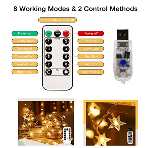 Weisite Star Lights,40Led 20Ft Christmas Star Fairy String Lights With 8 Modes Remote Control Timer For Indoor Outdoor Wedding, Party, Christmas Tree, New Year, Bedroom Decoration (Warm White) #TOP3