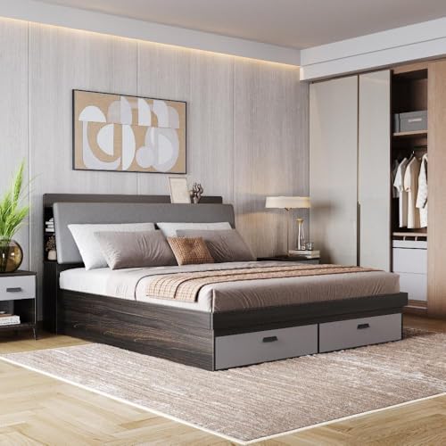 Image of Wakefit Bed | 3 Yr Warranty | King Size Bed, Comes with Storage Box, Foam-Cushioned Upholstery Headboard with Charging Slot, Headboard Storage & Drawer Storage, Density: 680-750 kg /m (Atlas78x72-WM)