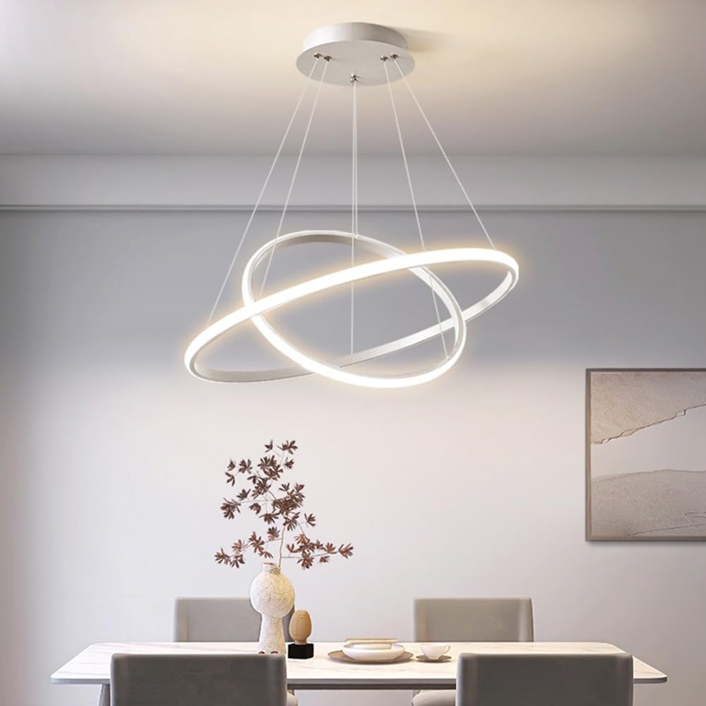 Lampada a Sospensione a LED, 2 Anelli Sospesi Lampadario Cerchi dal Design Moderno, per Soggiorno Sala da Cucina Stanza degli Ospiti (Bianco)