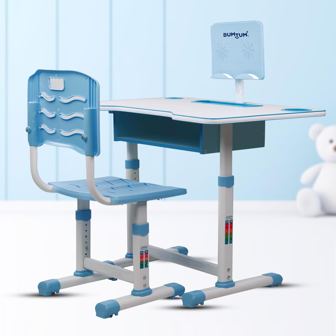 Bumtum Baby Study Table Set for 2-10 Years Kids | Height Adjustment Plug & Multipurpose Foldable Study Table Set |Easy Installation Kids Desk Set (Blue)-image-49