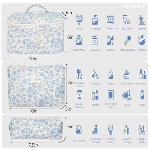 honitty Makeup Bag,Quilted Cosmetic Bag,Large Floral Make Up Bag for Women,Cotton Makeup Bag Set,Flower Travel Toiletry Bag 3 Piece