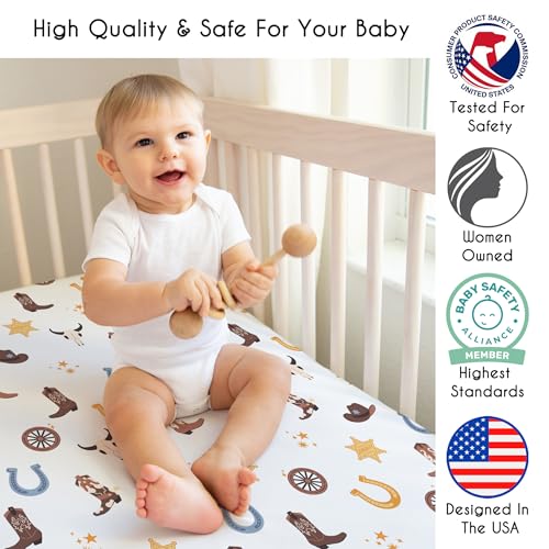 Image of Sweet Jojo Designs Fitted Baby Crib Sheets (Boho Western Cowboy) for Boys, Infant Nursery, Toddler Room - Standard Size (Blue, Bohemian Vintage Wild West, Cow Boy Boots Southern Charm, Longhorn Skull)
