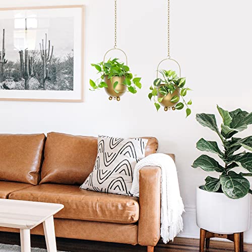 Boho Hanging Planter, Set Of 2 Metal Plant Hanger With Hooks And Chains, Modern Wall & Ceiling Planters Outdoor/Indoor Hanging Planter For Window Mid Century Flower Pot Plant Holder Home Décor (Gold) #TOP6