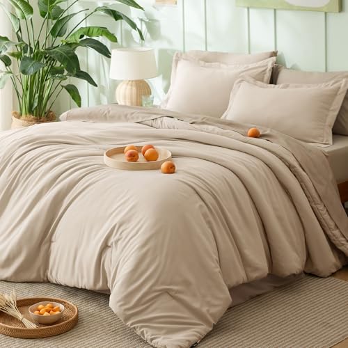 Image of Bedsure Queen Comforter Set - 7 Pieces Light Beige Queen Bedding Set for All Seasons, Boho Contrasting Design Bed in a Bag with Comforter, Sheets, Pillowcases & Shams