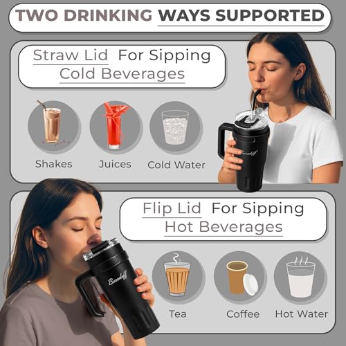 Image of Insulated Tumbler with Straw Lid and Handle (1200 ML) Double Wall Sipper Water Bottle for Adults, Tumbler Bottle with Straw (Black, 1200 ML, with Panda Straw Coverr)