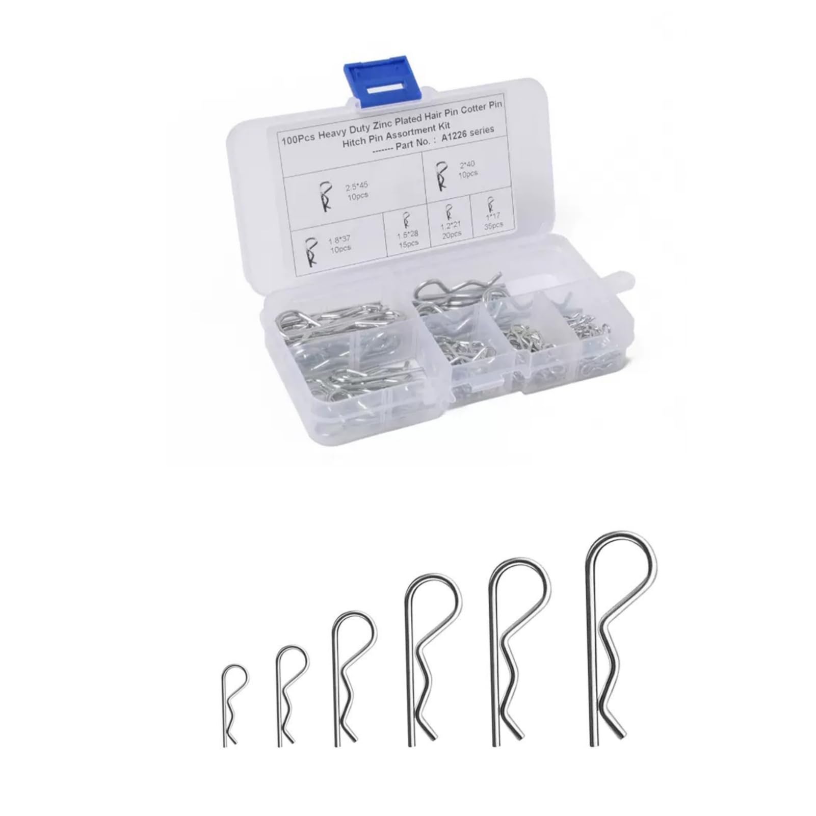 100Pcs Cotter Pins,R Clips Split Pins Assortment Kit,Galvanized Carbon Steel R-Shaped Clips,Fastening Pins for Trucks Tractors Lawn Mowers Cars Campers,Safe and Quick Tighten,6 Sizes
