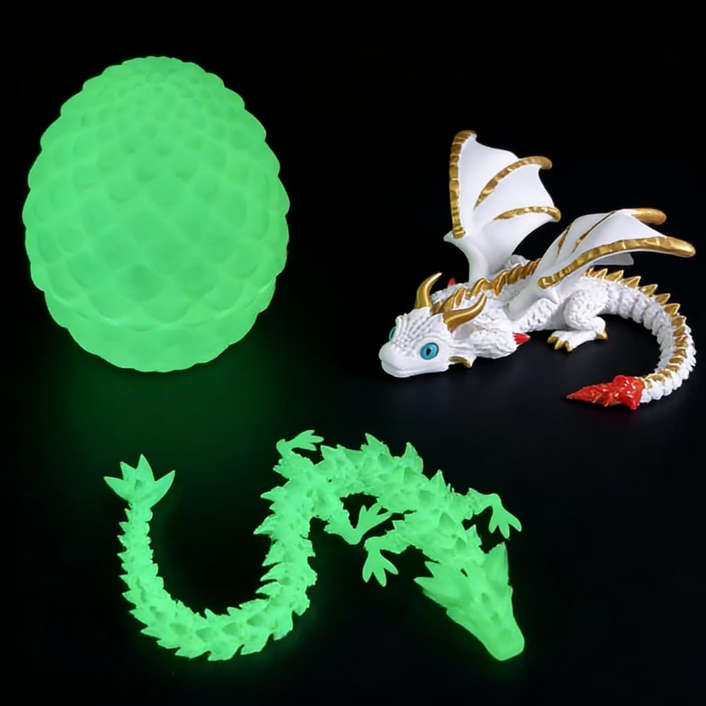 2pc 3D Printed Luminous Green Dragon with Egg and White Dragon Full Articulated Crystal Dragon Home Office Decor Executive Desk Two