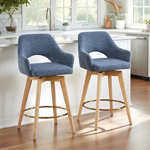 Image of Zesthouse Swivel Wooden Bar Stools Set of 2, Coastal Blue Counter Height Stools with Arm & Back, Upholstered Linen Fabric Barstools with Solid Wood Leg & Gold Metal Ring, High Chair for Kitchen Island